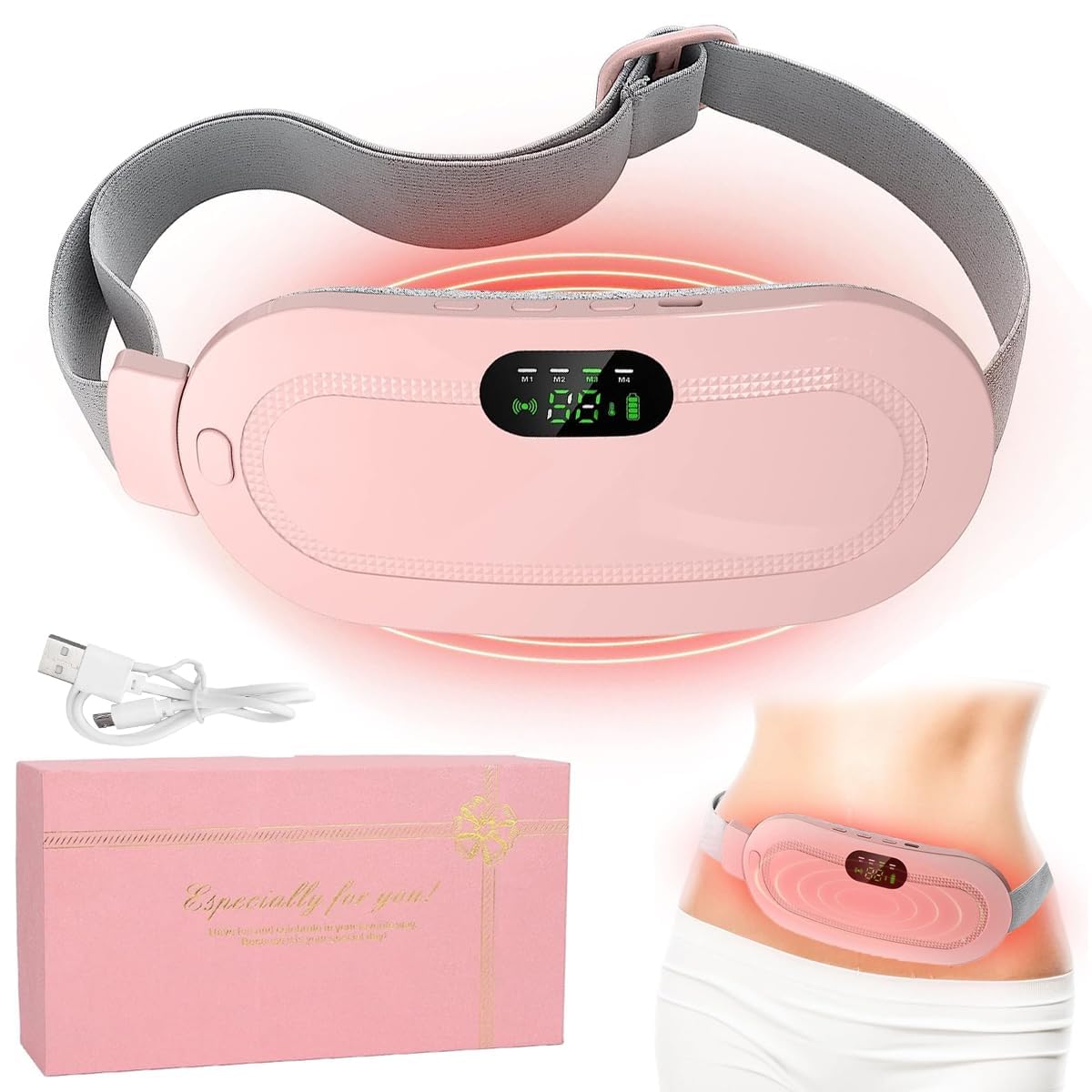Period Cramp Massager,Portable Period Cramp Relief Massager, Electric Cordless Heating Pad for Period Pain, Back Pain in Period, Belly Warmer Heating Pad with 4 Heat Levels 4 Vibration Modes, Caring Gift Heating Pad Belt for Women