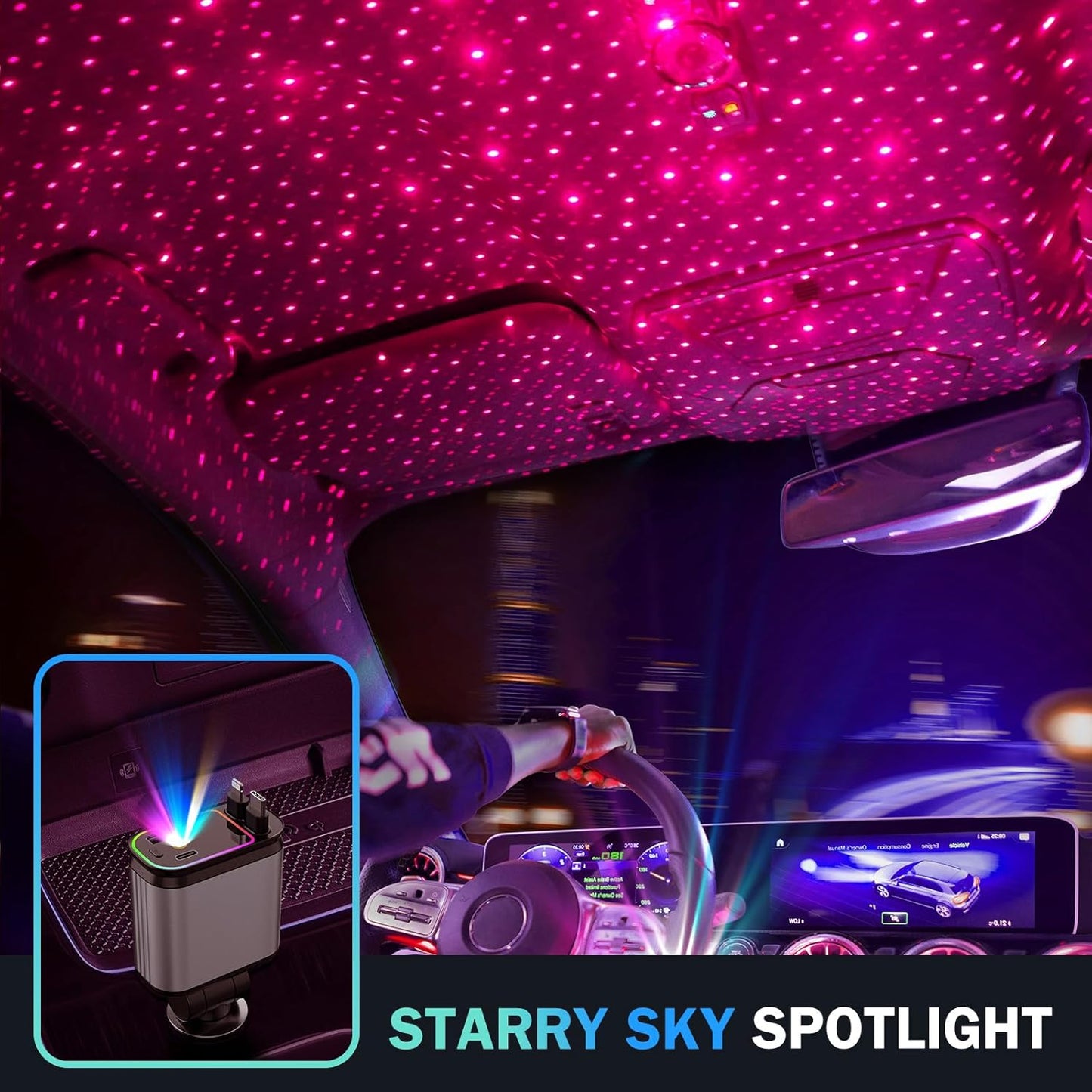 Retractable Car Charger with Starlight Projection On Car Roof | 4 in 1 Super Fast Car Charger | Compatible with iPhone and Android | Car Mobile Charger with Roof Starry Projection