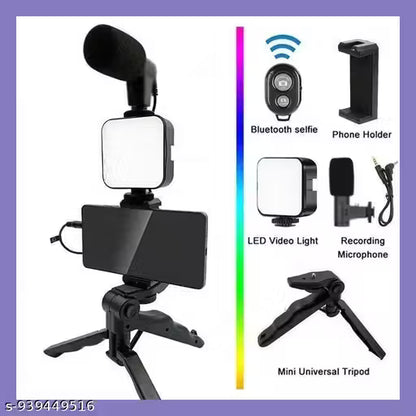 6 in 1 Vlogging Kit with Tripod | Mobile Video Recording kit with Bluetooth Remote, Mic, Tripod Stand, LED Light & Phone Holder Clip | 6-in-1 Vlogging Kit for All Phones