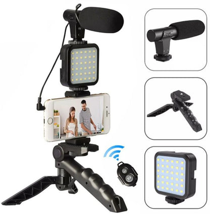 6 in 1 Vlogging Kit with Tripod | Mobile Video Recording kit with Bluetooth Remote, Mic, Tripod Stand, LED Light & Phone Holder Clip | 6-in-1 Vlogging Kit for All Phones
