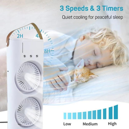 Portable Rechargeable Dual Fan Air Cooler with Water Tank, USB Powered Mini Tower Fan, Adjustable 3 Speed Personal Air Cooler, Silent Cooling Fan for Home, Office, Bedroom, Travel & Outdoor Use