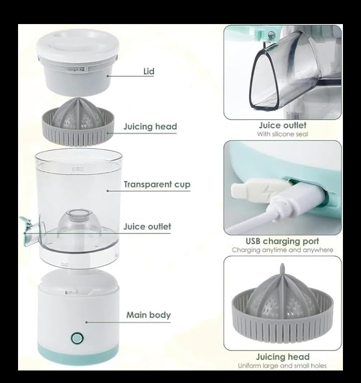 Rechargeable Portable Orange Juicer , One-Touch Operation , Easy to Clean, Fresh Juice Extractor for Orange, Lemon & Lime