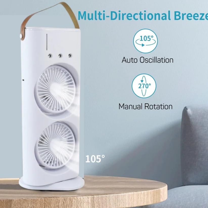 Portable Rechargeable Dual Fan Air Cooler with Water Tank, USB Powered Mini Tower Fan, Adjustable 3 Speed Personal Air Cooler, Silent Cooling Fan for Home, Office, Bedroom, Travel & Outdoor Use