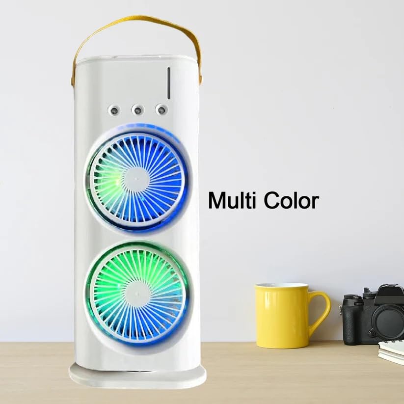 Portable Rechargeable Dual Fan Air Cooler with Water Tank, USB Powered Mini Tower Fan, Adjustable 3 Speed Personal Air Cooler, Silent Cooling Fan for Home, Office, Bedroom, Travel & Outdoor Use