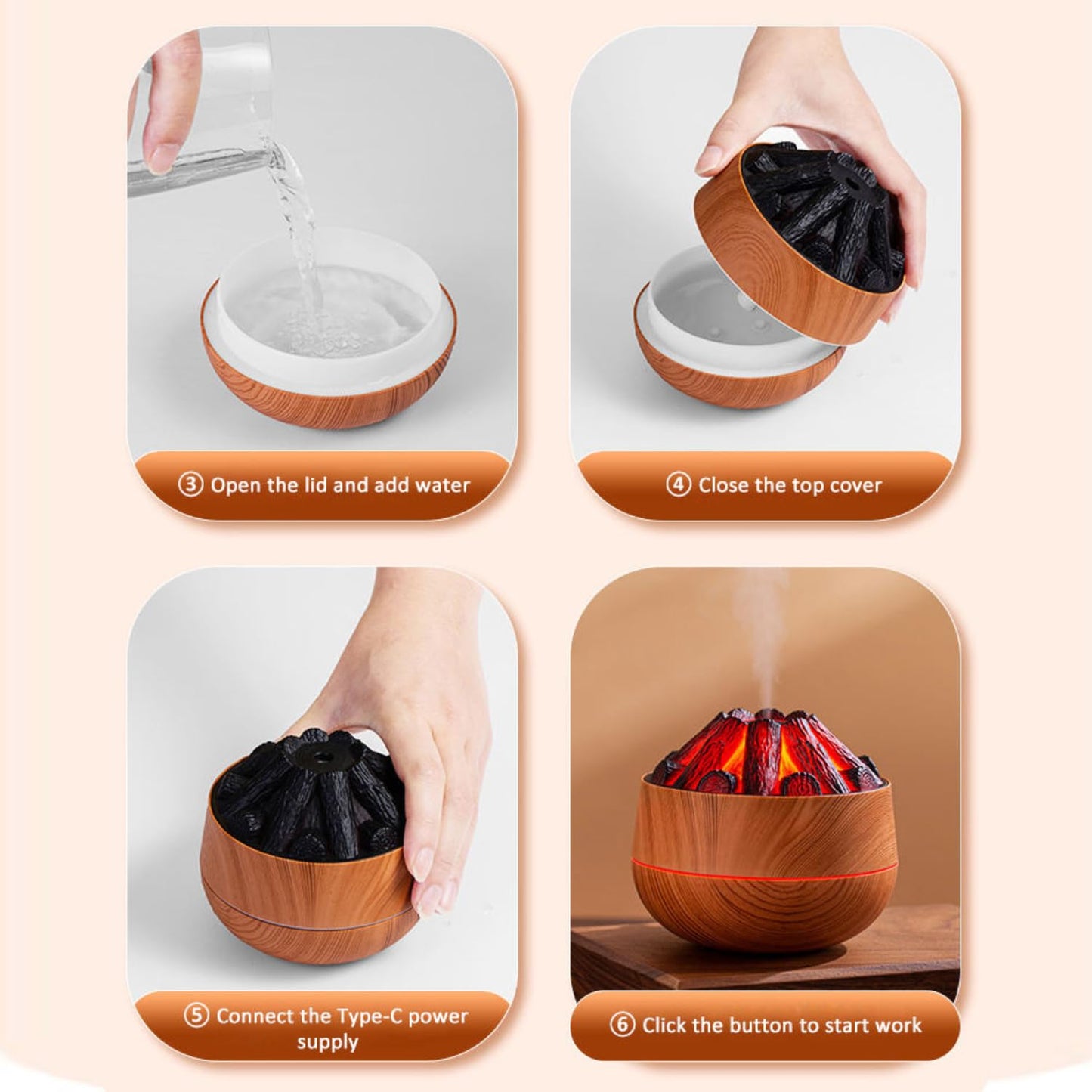 Charcoal Flame Humidifier & Diffuser | LED Atmosphere Light, Aromatherapy Oil Diffuser | Noiseless & Safe with Auto Power Off for Home/Office