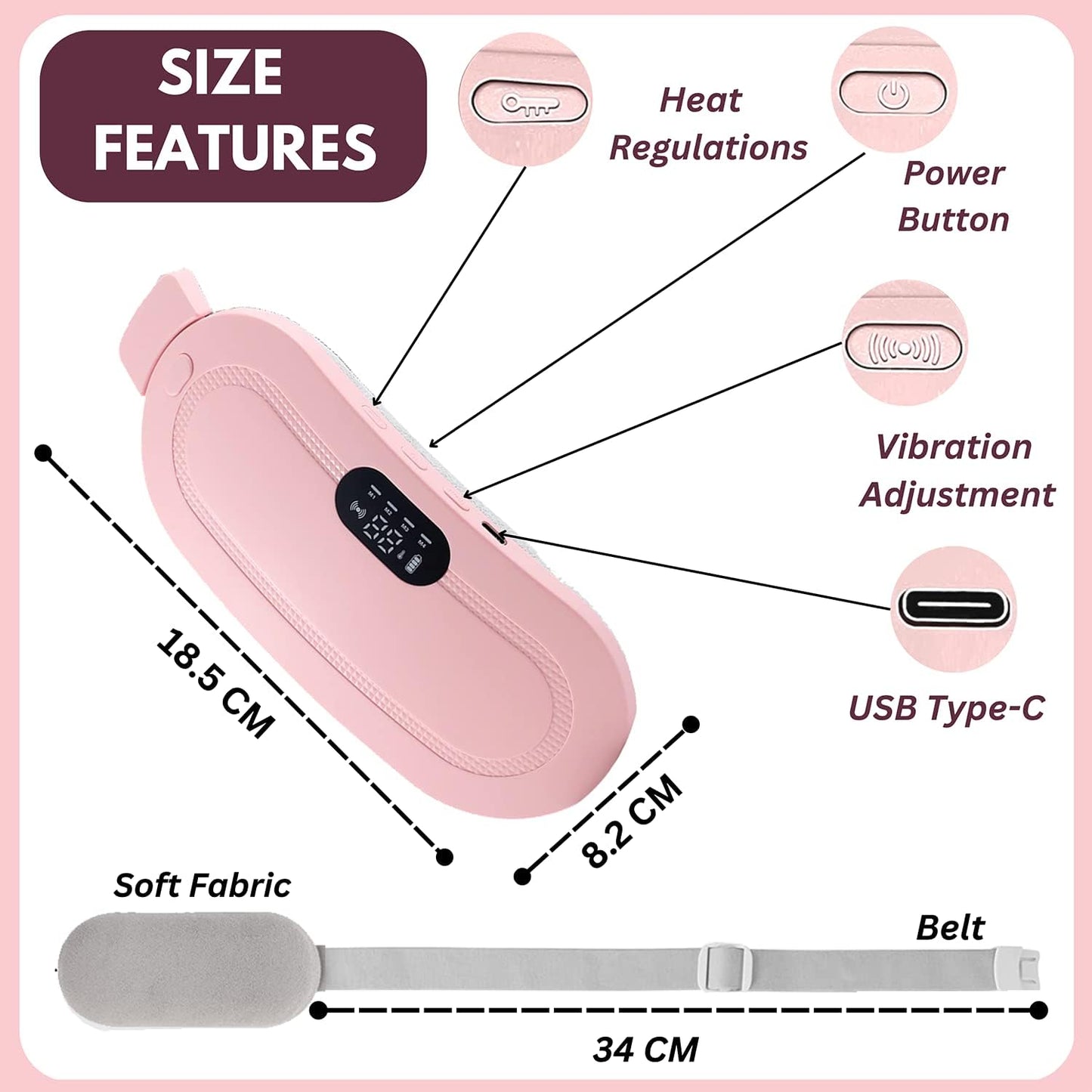 Period Cramp Massager,Portable Period Cramp Relief Massager, Electric Cordless Heating Pad for Period Pain,  Back Pain in Period, Belly Warmer Heating Pad with 4 Heat Levels 4 Vibration Modes, Caring Gift Heating Pad Belt for Women