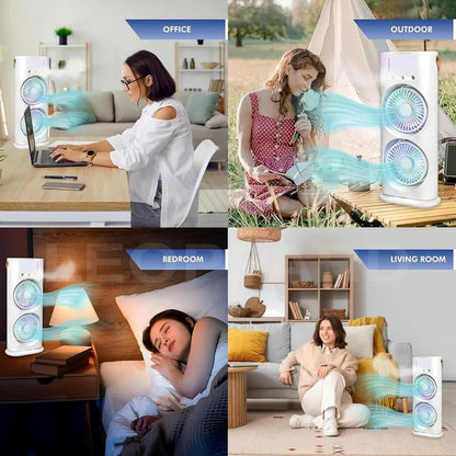 Portable Rechargeable Dual Fan Air Cooler with Water Tank, USB Powered Mini Tower Fan, Adjustable 3 Speed Personal Air Cooler, Silent Cooling Fan for Home, Office, Bedroom, Travel & Outdoor Use