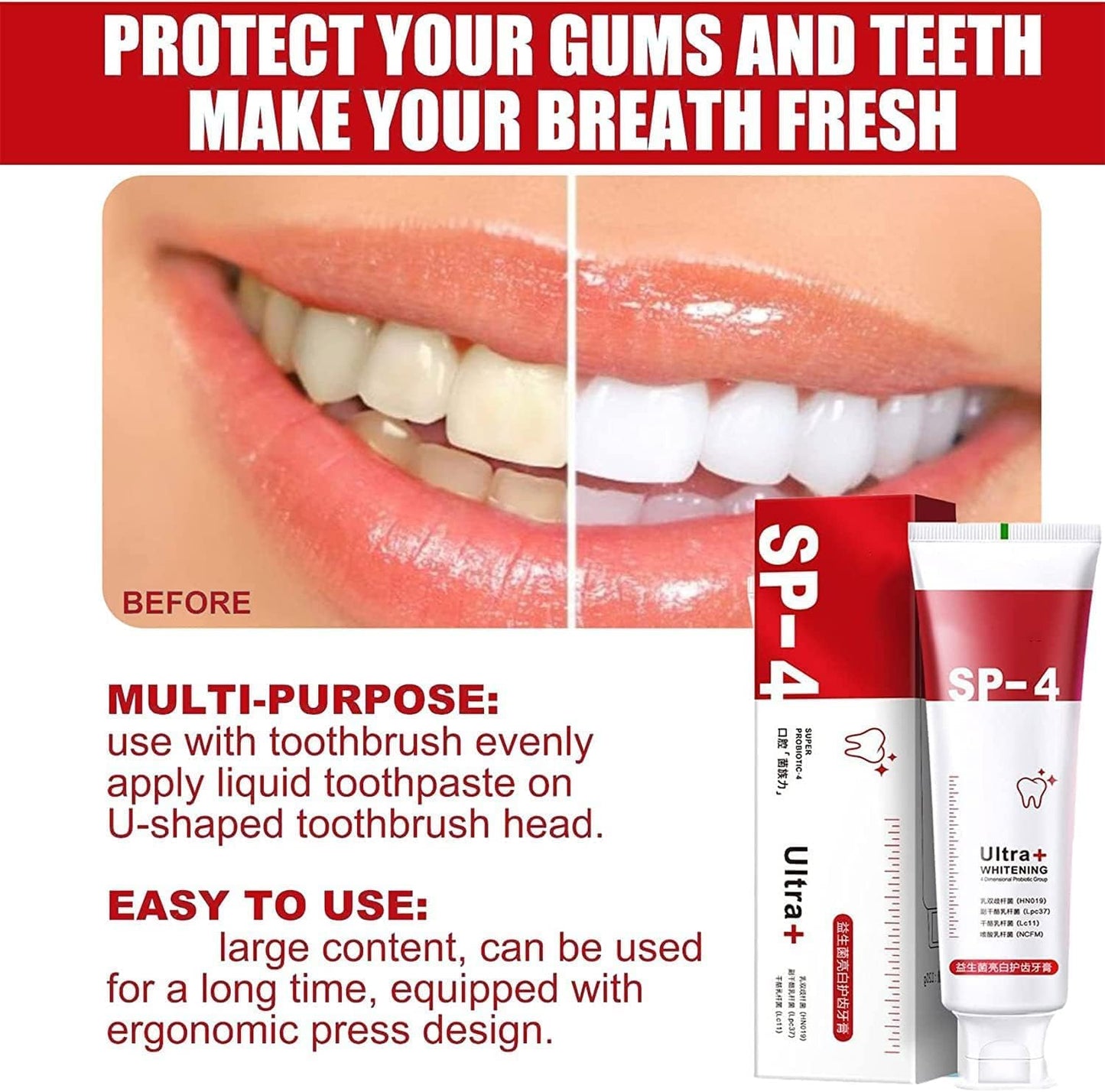 Sp-4 Probiotic Toothpaste - All Smiles Brightening & Stain Removing Toothpaste, Fresh Breath, Natural Tooth Whitening Agent (Pack of 2)