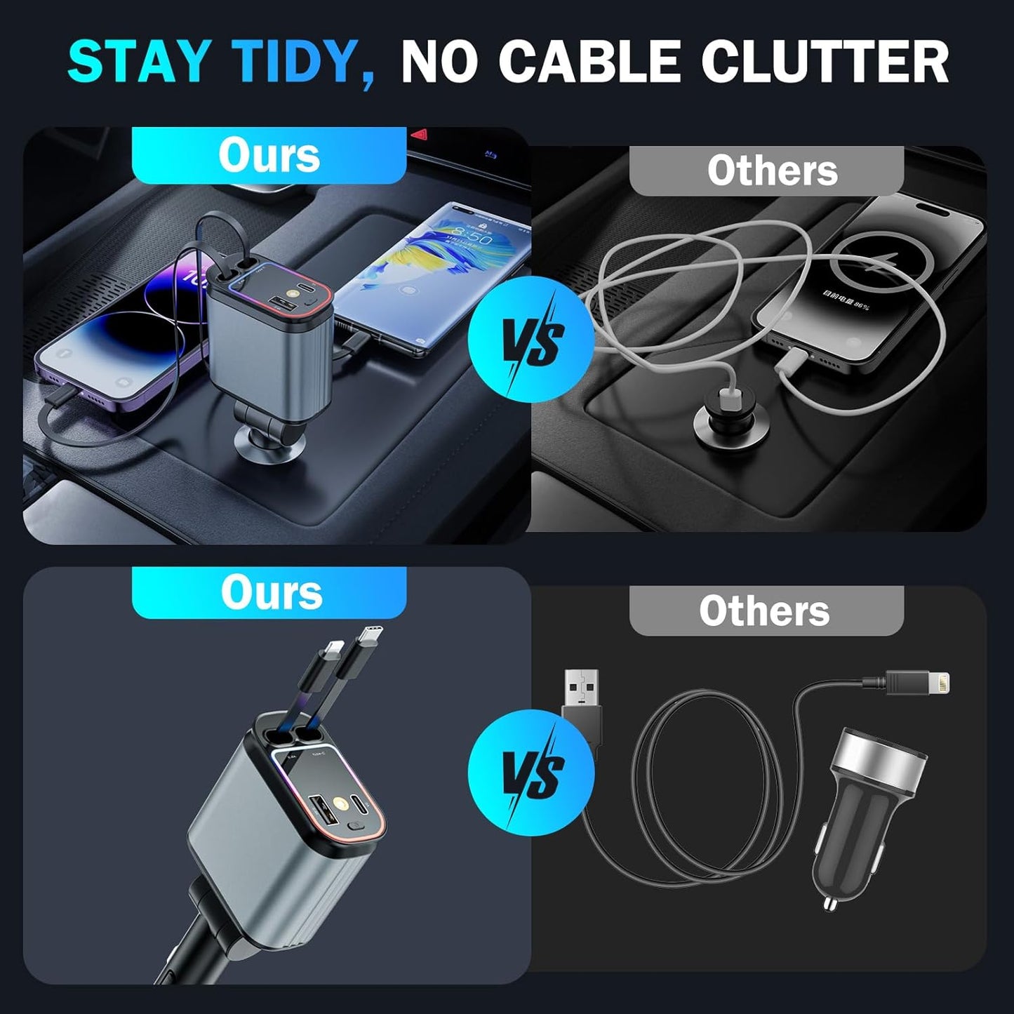 Retractable Car Charger with Starlight Projection On Car Roof | 4 in 1  Super Fast Car Charger | Compatible with iPhone and Android | Car Mobile Charger with Roof Starry Projection