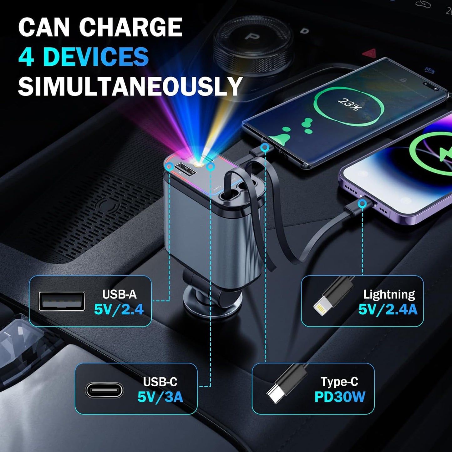 Retractable Car Charger with Starlight Projection On Car Roof | 4 in 1  Super Fast Car Charger | Compatible with iPhone and Android | Car Mobile Charger with Roof Starry Projection