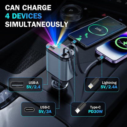 Retractable Car Charger with Starlight Projection On Car Roof | 4 in 1  Super Fast Car Charger | Compatible with iPhone and Android | Car Mobile Charger with Roof Starry Projection