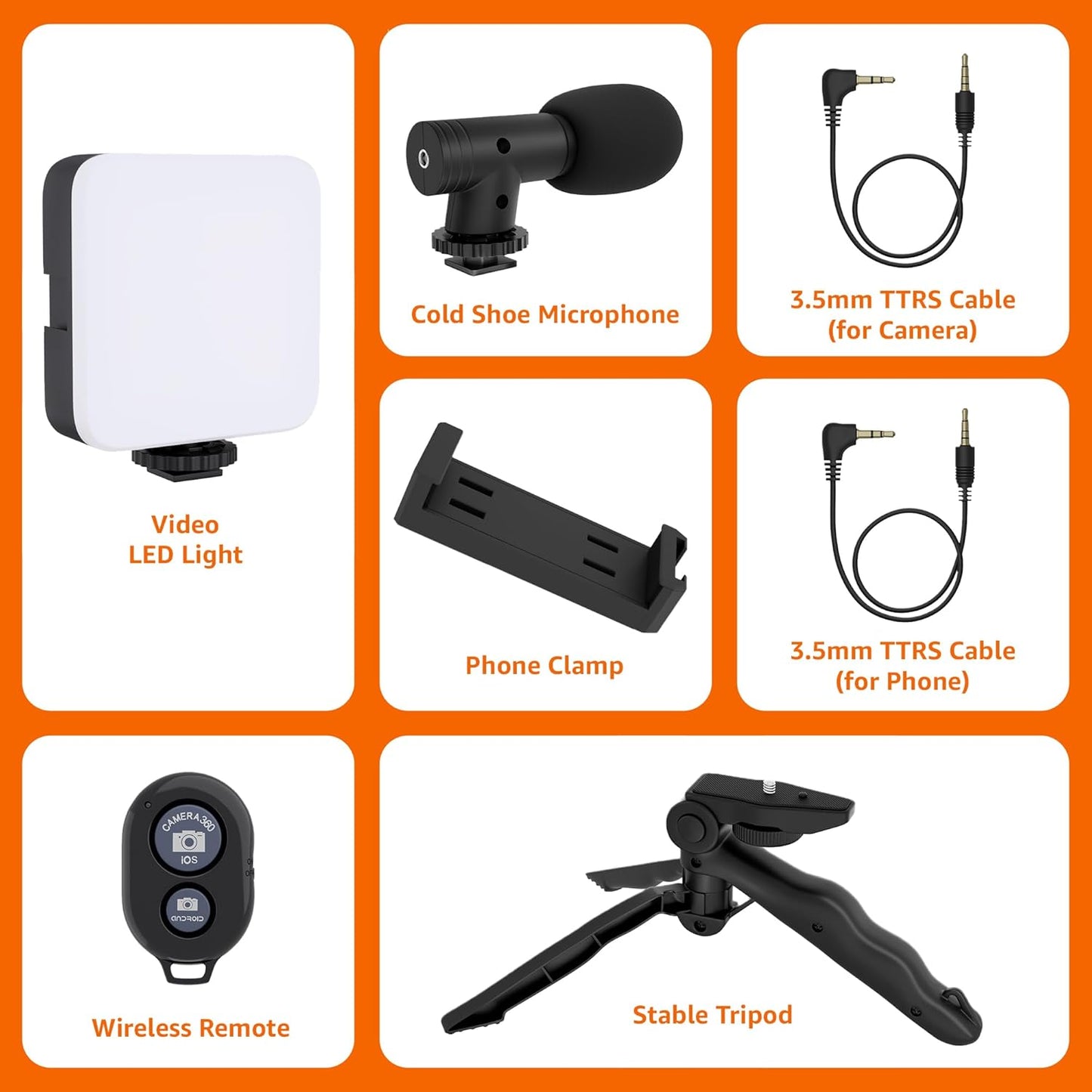 6 in 1 Vlogging Kit with Tripod | Mobile Video Recording kit with Bluetooth Remote, Mic, Tripod Stand, LED Light & Phone Holder Clip | 6-in-1 Vlogging Kit for All Phones