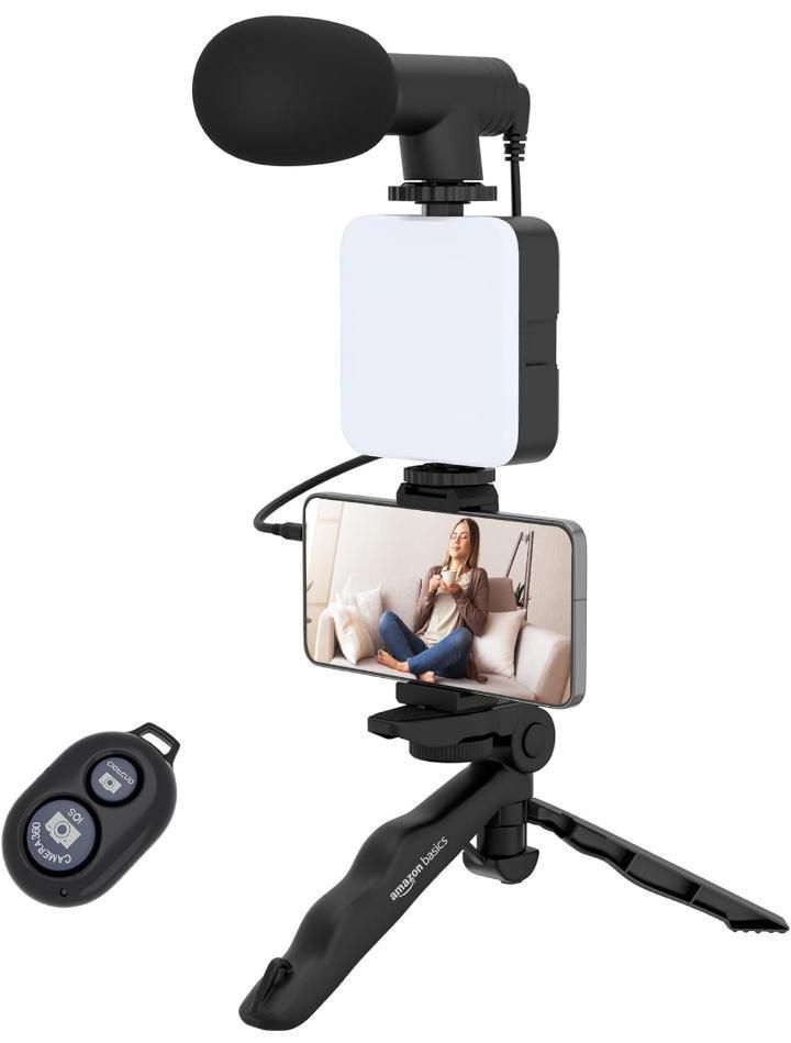 6 in 1 Vlogging Kit with Tripod | Mobile Video Recording kit with Bluetooth Remote, Mic, Tripod Stand, LED Light & Phone Holder Clip | 6-in-1 Vlogging Kit for All Phones