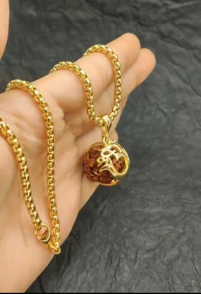 Gold-Plated Chain with Sacred Om Locket & Rudraksh Pendant | Spiritual Religious Jewelry for Men & Women | Daily use Gold-Plated Metal Chain | Symbol of Peace, Protection & Positive Energy