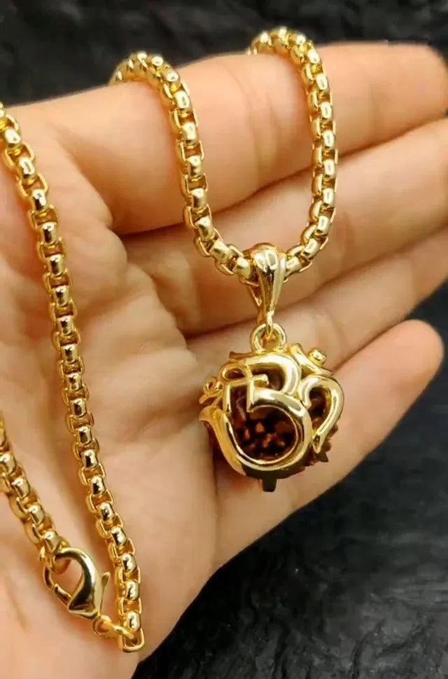 Gold-Plated Chain with Sacred Om Locket & Rudraksh Pendant | Spiritual Religious Jewelry for Men & Women | Daily use Gold-Plated Metal Chain | Symbol of Peace, Protection & Positive Energy