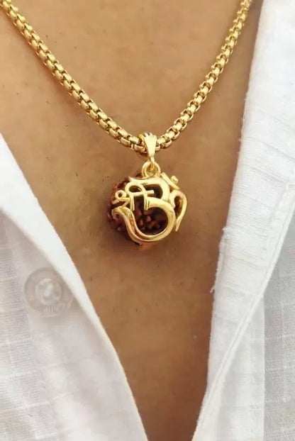 Gold-Plated Chain with Sacred Om Locket & Rudraksh Pendant | Spiritual Religious Jewelry for Men & Women | Daily use Gold-Plated Metal Chain | Symbol of Peace, Protection & Positive Energy